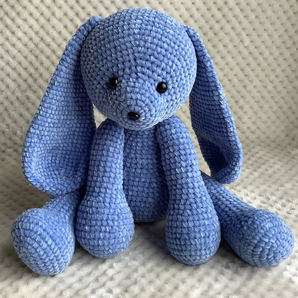 Cute Knitted Crocheted Plush Blue Bunny Rabbit Stuffed Animal Handmade Toy - Picture 7 of 10